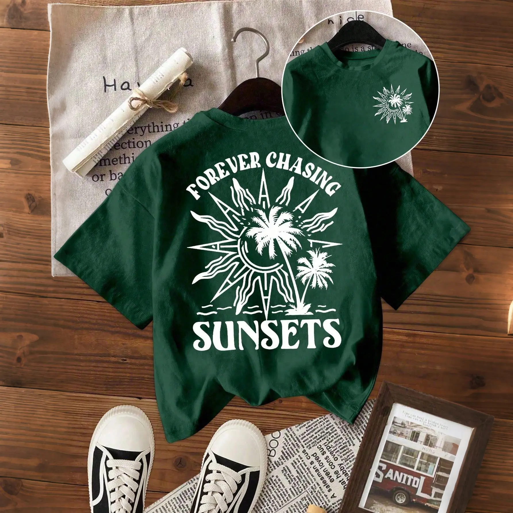 Women's Short-Sleeve Forever Chasing Sunset Print T-Shirt - Breathable Fabrics, Birthday Streetwear, Spring Resort Vacation Casual Outfits, Sweatpants Compatible, Shortsleeve, Everyday