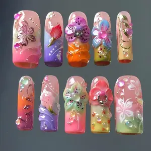 Tropical Jelly Press On Nails 3D Floral Lily Gradient Rainbow Colorful