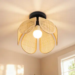EDISHINE Six-Leaf Petal Rattan Ceiling Light (D30) - Natural Woven Shade 120V E26 Base for Cozy Home Ambiance
