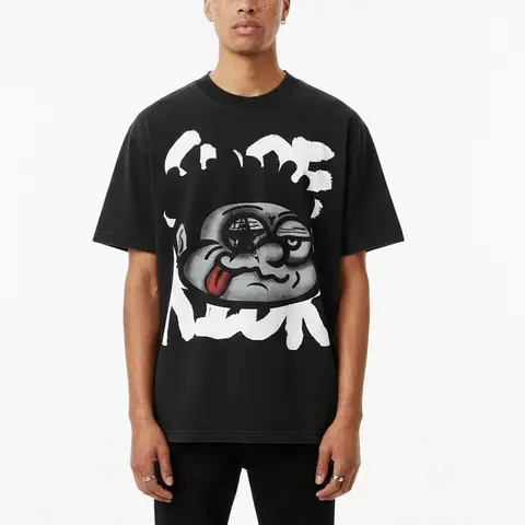 Sopula Studio Men's Lived-In Vintage Oversized Cotton Print Crewneck Short-Sleeve Tee - Weird Street Vibe, Street-Worn Look, Cartoon Rebel Vibe Big Face Graphic T-Shirt for Mensfashion, Graphic Tee