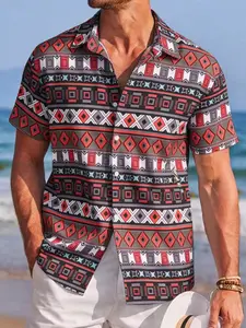 Men's Geometric & Striped Print Short Sleeve Shirt, Casual Party Shirt, Regular Fit Casual Button Collared Top for Summer, Men's Clothes for Beach Vacation