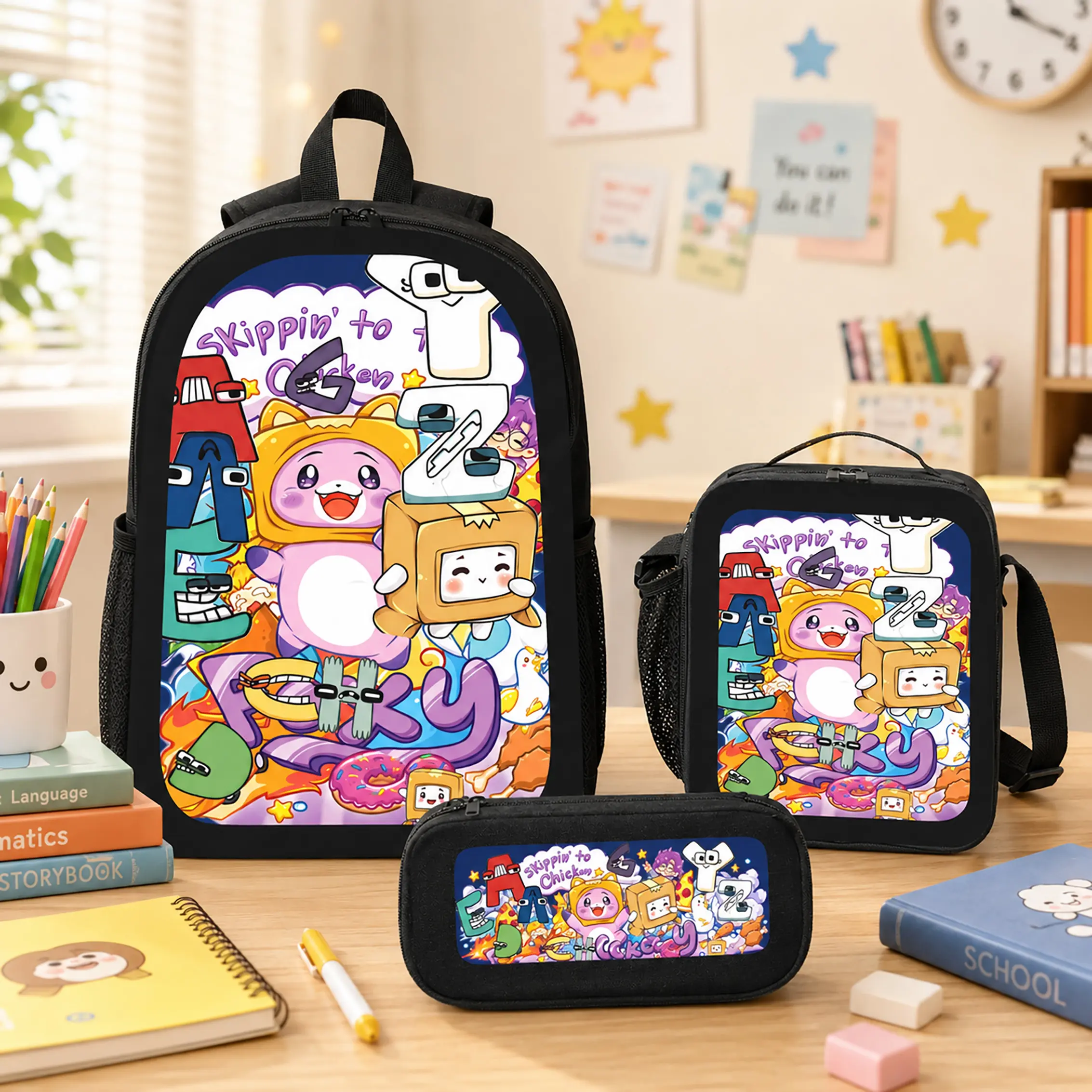 Lankybox 3-Piece Polyester Backpack Set - Cartoon Graphics, Gamer Theme, Large Compartment, Playful Look, Zipper Closure, Lightweight School Bookbag with Lunch Bag & Pencil Case for Kids Teens Back to School Gift
