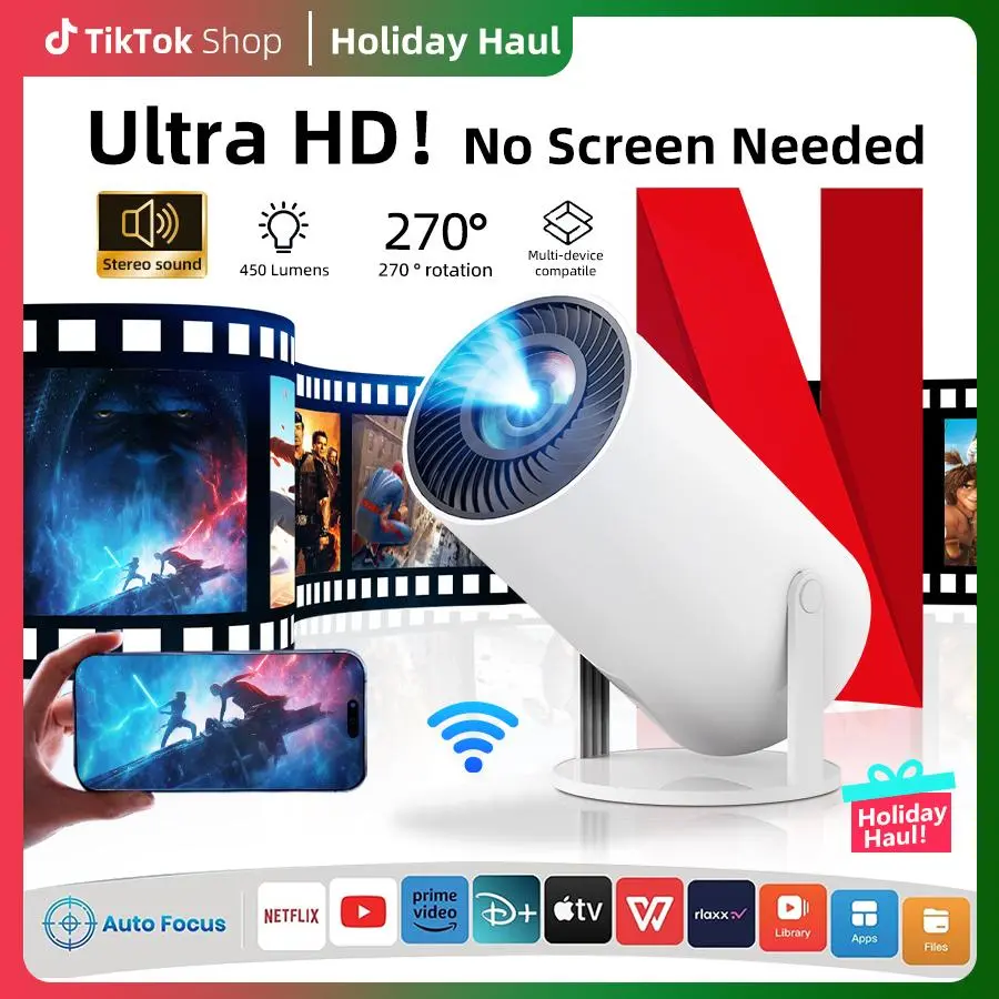 2026 Portable Smart Mini Projector - 450 ANSI Lumens, Auto Keystone Correction, 5W Built-in Speaker, Dual WiFi 6, Wireless BT 5.4, Android Native System for Indoor, Backyard Camping Use | TikTok Shop Spring Home Cinema Portable Projector
