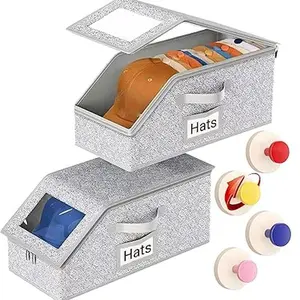Hat Organizer for Baseball Caps 1/2PCS Stackable Storage with Clear Window Lid, Flip-Top Access, Space-Saving Hat Box for Closet, Breathable Fabric (Grey)