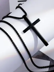 Cross Necklace for Men,Silver Black Gold Stainless Steel Plain prayer Cross Pendant Necklace for Men Box Chain hip hop jewelry, Minimalist Necklace