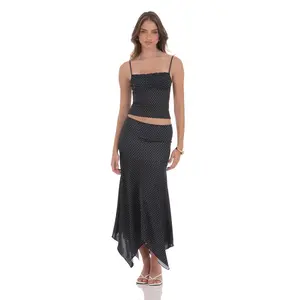 Polka Dot Asymmetrical Maxi Skirt in Black