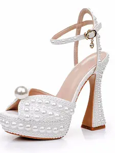 Women's Pearl Embellishment Square Toe Fish Mouth Sandals, Hollow Out High Heel Waterproof Wedge Wedding Shoes, Fashion PU Leather Peep Toe