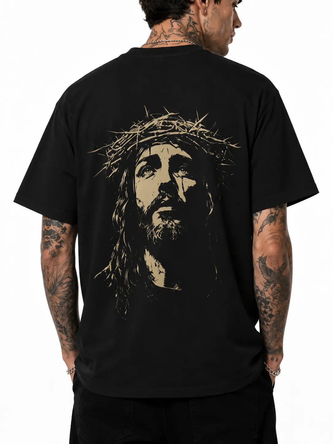 Unisex Jesus Crown of Thorns T-Shirt - Black Menswear Round Neck Short-Sleeve Top, Christian Faith Graphic Tee for Church Casual Outfits