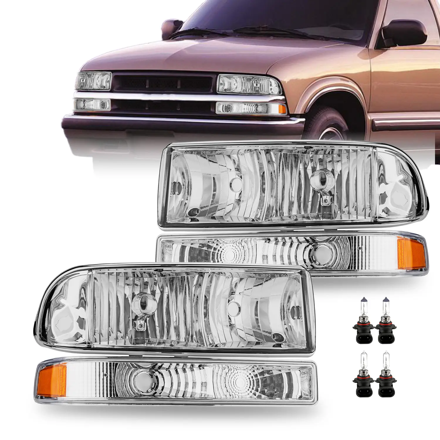 Headlights Assembly w/Bulbs for 1998-2004 Chevy S10 Pickup and 1998-2005 Chevy Blazer Headlamps w/Corner Bumper Turn Signal Lights Replacement Left & Right
