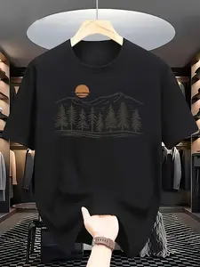 Men' Vintage Brown/Black/ Pine Tree & Mountain Sunset Print Short Sleeve T-Shirt - Casual Round Neck Summer Outdoor & Camping Shirt Suitable for Adventures and Casual Attire