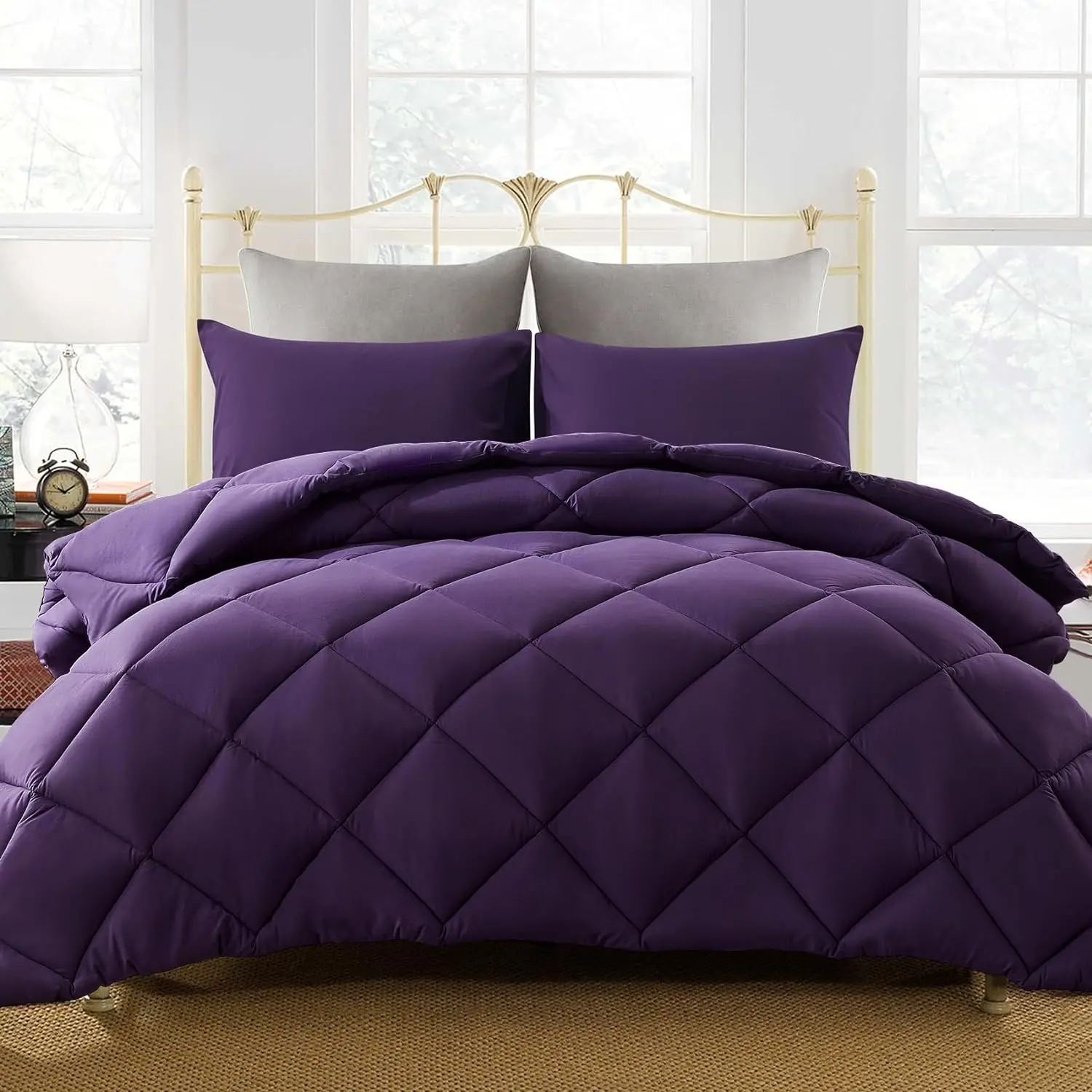 Purple King Size Lightweight Quilted Down Alternative Comforter with 2 Pillow Shams, Breathable, Durable, 4 Corner Tabs, Machine Washable Duvet Insert, Four Corner Tabs