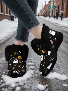 Halloween Women's Winter Fur-Lined Snow Boots, Ultra Warm, Cozy and Comfortable, Soft Color Printed Slip-Ons, Slip-Resistant Sole, Ideal for Cold Weather, Best Halloween Gifts, Fluffy Snow Boots