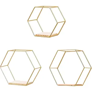 Hexagon Wall Shelves Set of 3 - Floating Metal Shelves for Wall Mounted Decor, Geometric Shelving for Bedroom, Living Room, Kitchen & Office