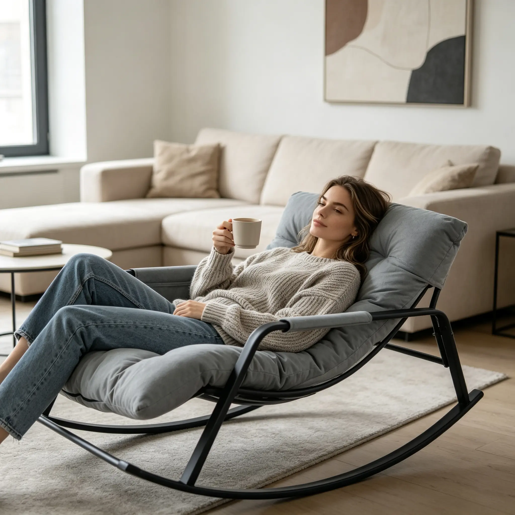 White Extra-Wide Tub Accent Rocking Gliding Recliner Chair - Hybrid Technical Leather&Boucle Upholstery, Largecushion, Sling Mesh Seat, Noise Reduction, Gliding Motion, Sturdy Floor Chair, Modern Indoor Lounge Furniture for Living Room, Garden, Glidingmot