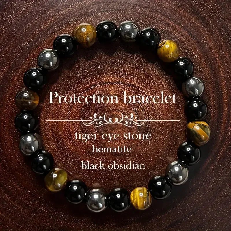 Natural Black Obsidian Tiger Eye Hematite 8mm Round Beads Healing Triple Protection Men Women Stretch Bracelet