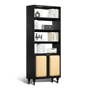 Boho Rattan Bookcase with Doors – Tall Wood Storage Shelf w/ 4 Adjustable Open Shelves, Anti-Tip Kit, Ideal for Living Room, Bedroom & Office