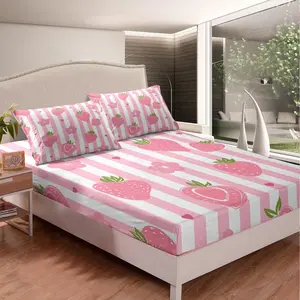 Cartoon Strawberry Bedding Fitted Sheet,Decor Flower Bedding Sets,Twin Size Pink Stripe Bed Sheet Set,Kawaii Bedroom Cute Style Bed Cover