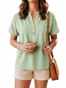 Women's New Summer Vintage V-Neck Button Front Shirt Blouse, French Elegant Office Commute Slim Fit Short Sleeve Top, Casual Fashion Clothing