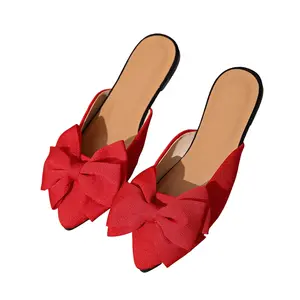 Women’s Bow Pointed Toe Flat Mules Slip On Backless Dress Flats for Women, Sparkle Fabric Ballet-Inspired Slides, Elegant Casual Comfort Loafer Slippers for Office, Party, Wedding Guest, Shopping, Spring Summer