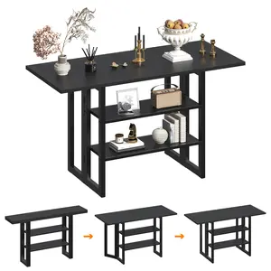 55.1" Console Entryway Table, 2 in 1 Long Console Table with Foldable Table Top, 3-Tier Industrial Narrow Sofa Table with Storage Shelves for Hallway, Living Room, Entryway, Dining Room