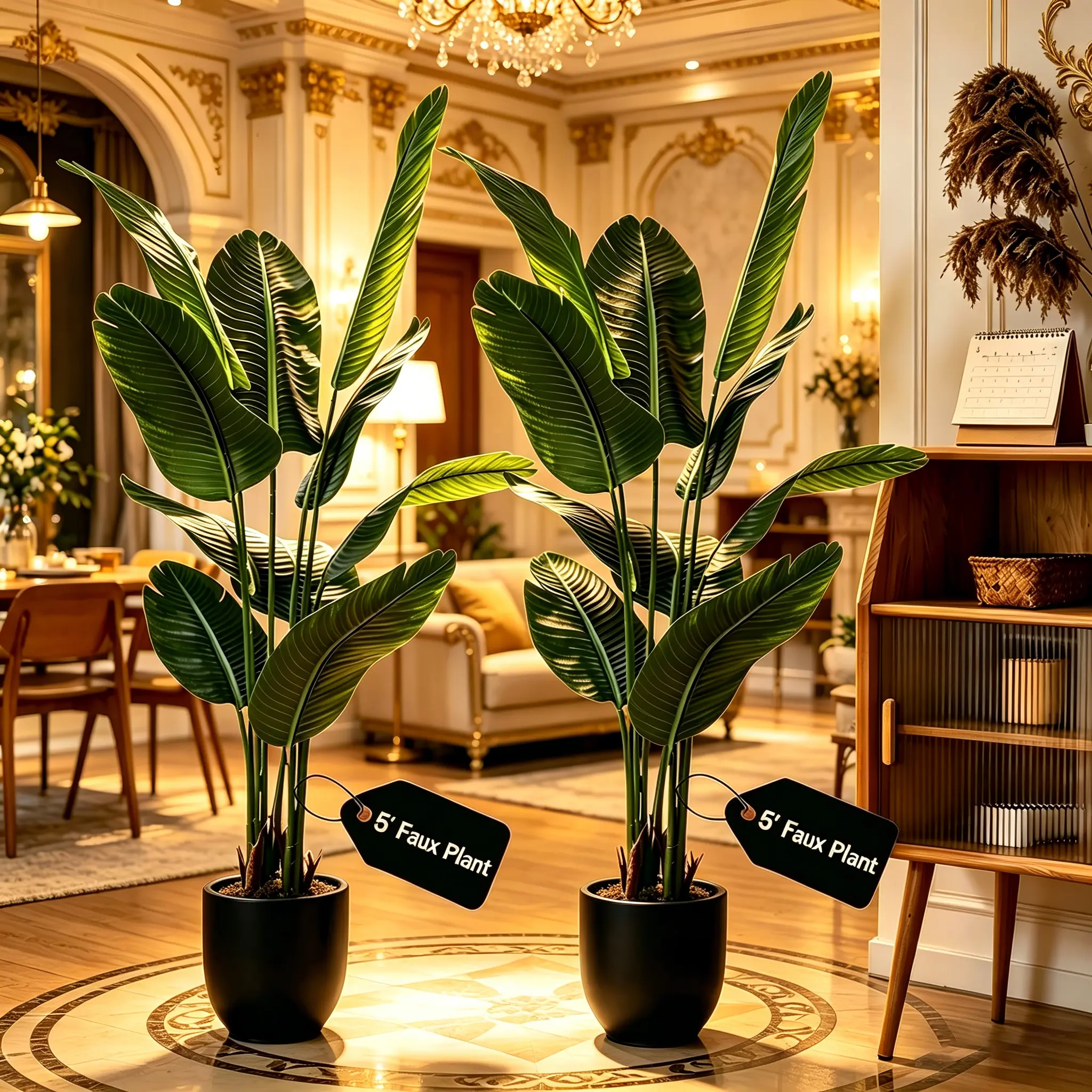 2-Pack 5 ft/160cm PVC Vinyl Adjustable Leaf Artificial Bird of Paradise Plants, Faux Tropical Palm Tree in Black Pot, Low-Maintenance 2-Piece Set Home Decor for Living Room Home Office, Two Piece Set, 5Ft