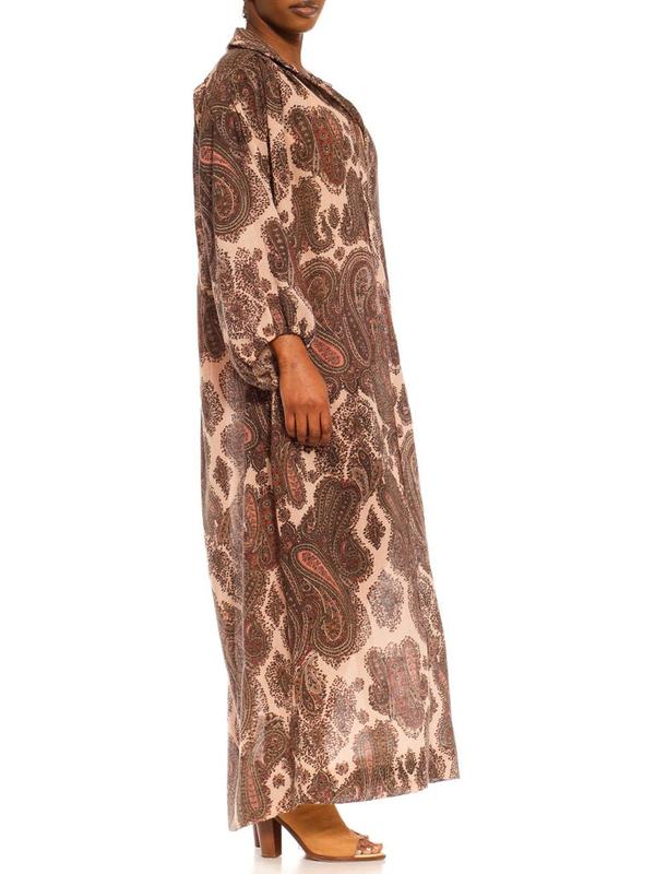 1970S GLORIA VANDERBIL Cream & Olive Green Paisley Poly Blend Boho Shirt Dress With Belt