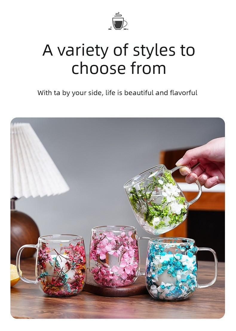 Double Glass Flower Tea Cup, 250ml Double Wall Glass Coffee Cup, Insulated Transparent Cup with Dried Flowers, Heat Resistant Drinkware Tumbler, New Year Gift.The top choice for Mothers Day Gift