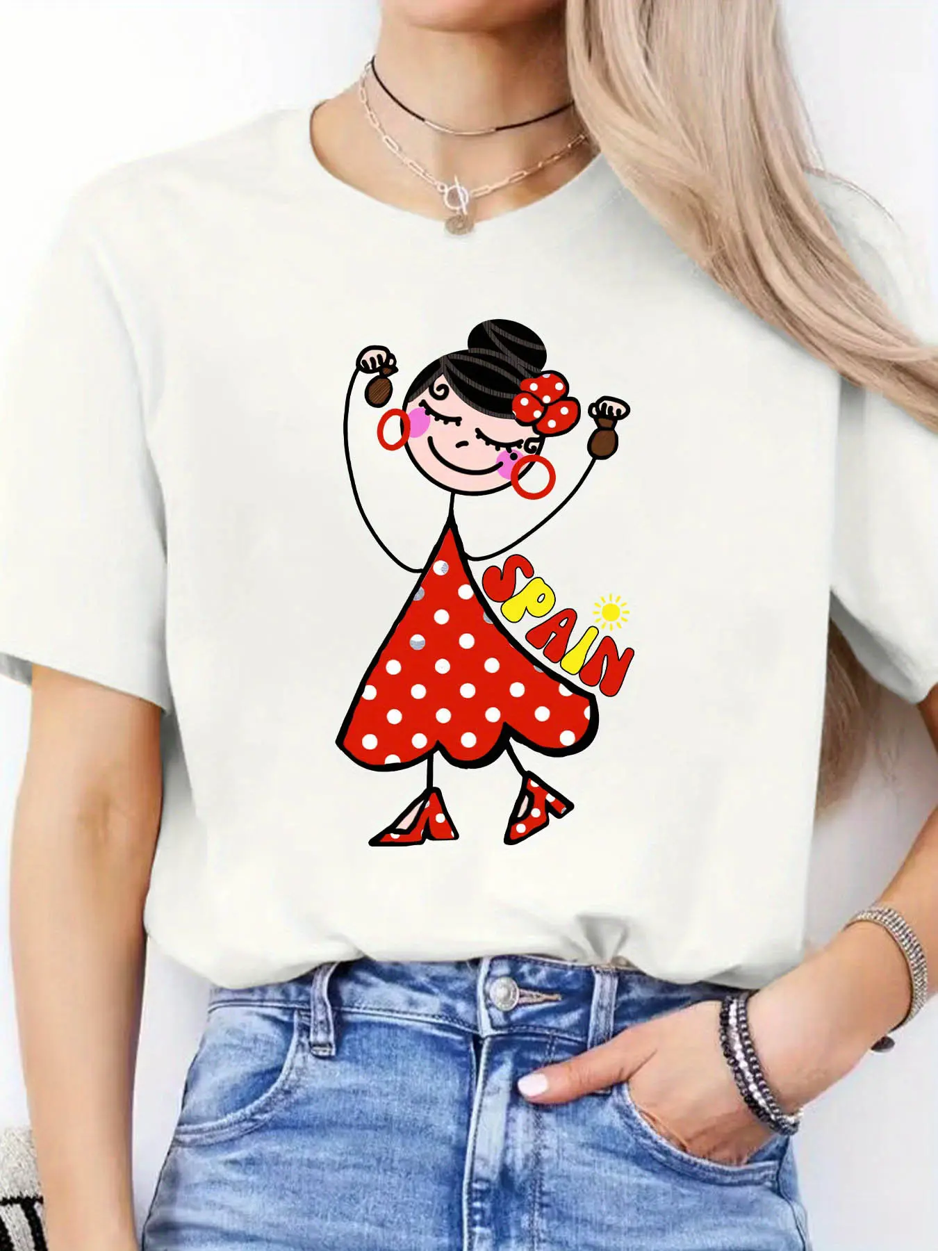 SPAIN Letter Print T-shirt, Short Sleeve Crew Neck Casual Top for Summer & Spring, Women's Clothing