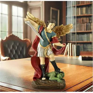 San Miguel Archangel Statue - Saint Michael Statue Miguel Archange Defeated Lucifer Tramples Demon Figurine, Religious Collectible Angel Sculpture, 5.31" H