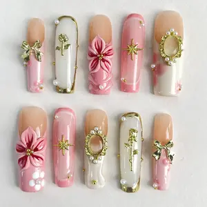 LisaNailsArt GO-VIRAL Collection 10 PCS Square Nails, Handmade Press on Nails , REUSABLE 3D Gel False Nails , Gift for Her, Summer Nails Art