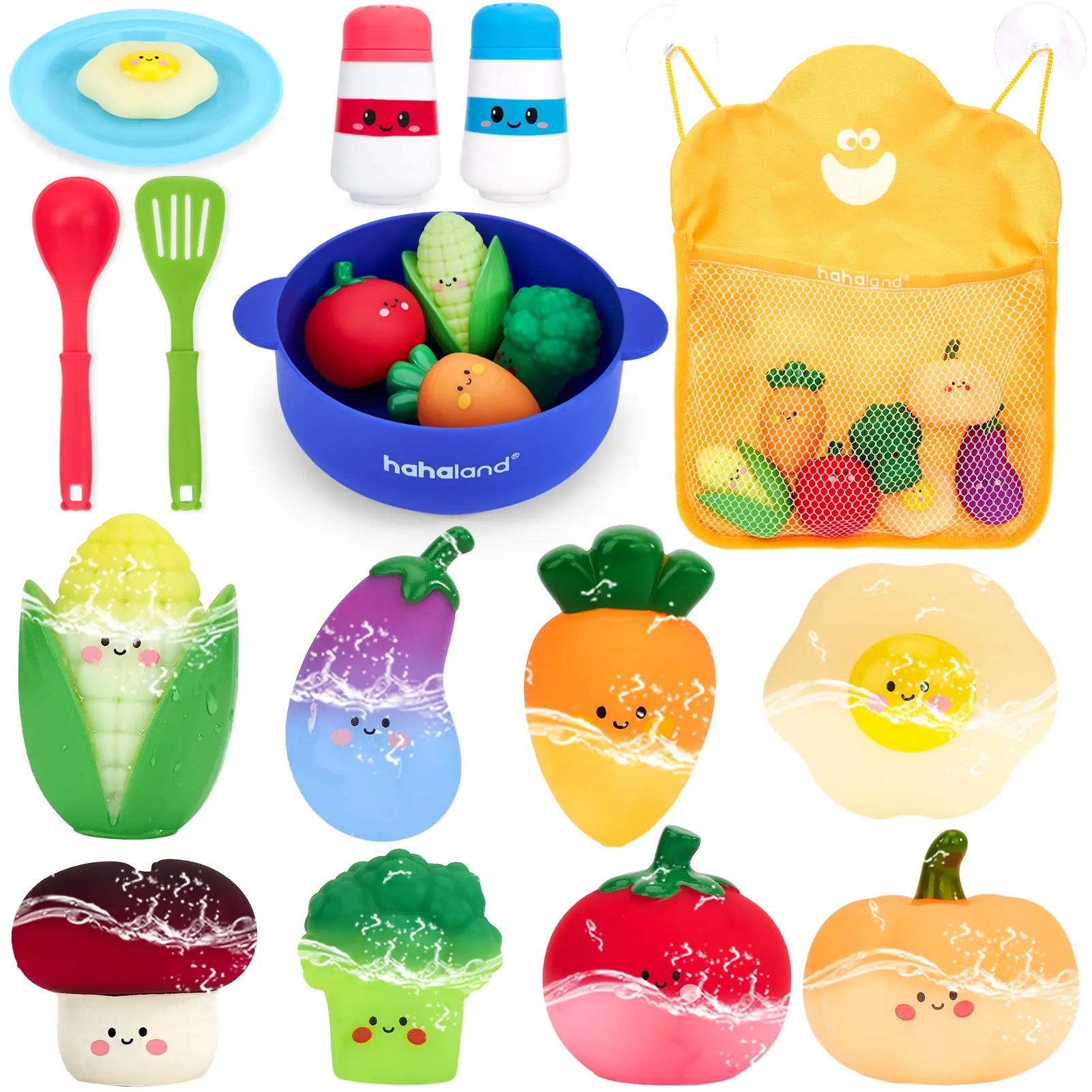 hahaland Color Changing Vegetable Soup Bath Toy Set for Toddlers 1-3, Toddler Toys with 15 PCS Veggies, Pot, Spoon, Mesh Storage Bag, No-Hole Mold-Free Smooth Plastic Easy Grip All Seasons Playset, Veggie Shapes, Gift, Sensory, Bathtoys, 2 - 3 Years, Colo