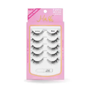 Jlash #747M+ Cosmetic False Eyelashes Set - 5 Pairs Lash Extension, Makeup Lash Kit with Included Glue Adhesive