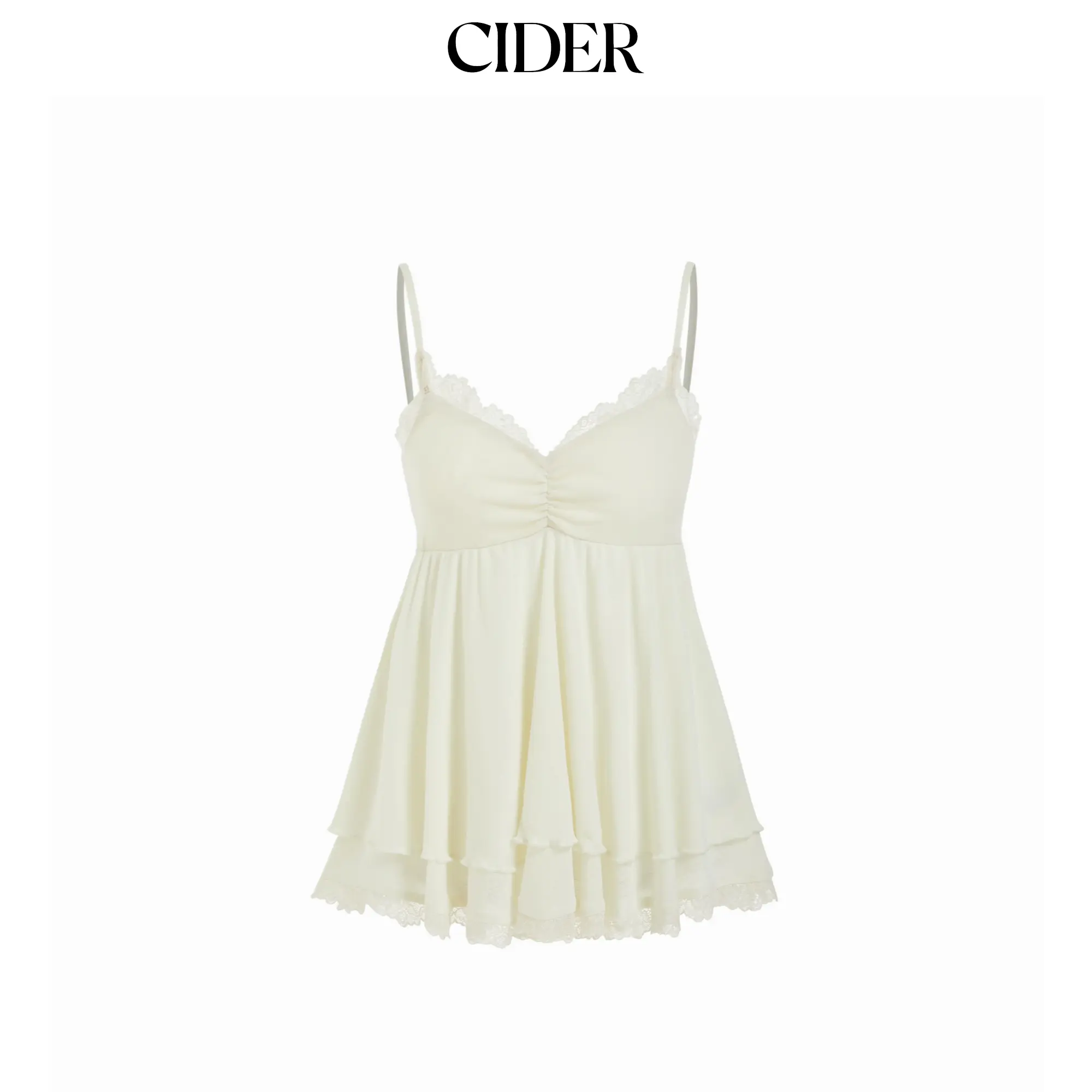 Cider Women's Solid Cute V-Neck Knit Cami Top - Ruffled, Ruched Details, Lace Trim, Spaghetti Straps, Sleeveless, Medium Stretch, Lace Embellishments, Women's Tanks & Camis