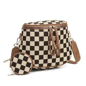 Women's Checkered Plaid Crossbody Bag with Adjustable Strap Bum Sling Purse Lightweight Polyester Fabric Free Coin Purse Included All-Season Style