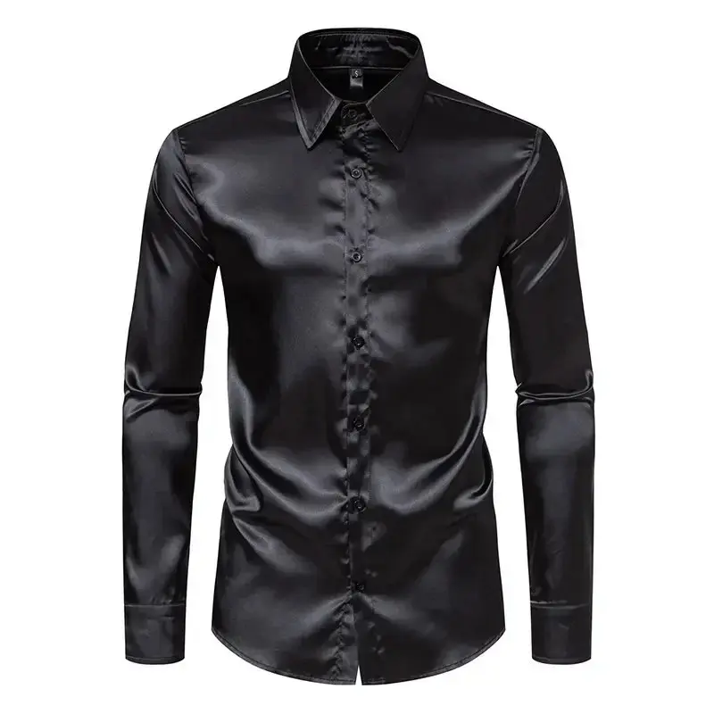 Mens Gold Silk Satin Shirt 70s Disco Dance Nightclub Dress Shirts Men Party  Wedding Long Sleeve Casual Shirt Chemise Homme 2XL - TikTok Shop