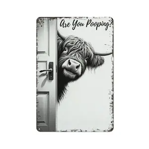 Vintage distressed long-haired cow plaque Funny   Poster You Pooping Wall  Vintage Highland Cow  Black & White Aluminum Wall Plaque,Vintage  Sign  Toilet Wall  8x12 Inch