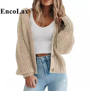 EncoLax Women's Chunky Knit Open Front Sweater Long Sleeve Button Loose Short Cardigan Outerwear Coats for Casual Wear Can be used with raincoat