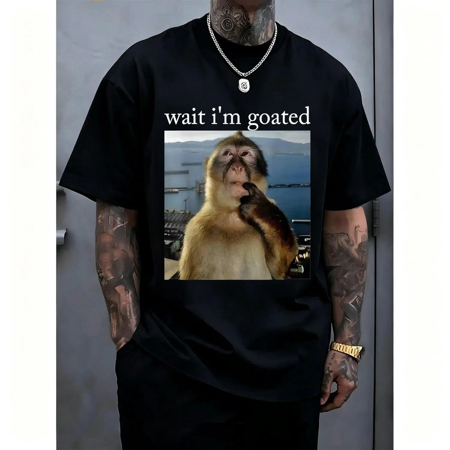 Funny Thinking Monkey Meme Graphic Tshirt Gift Cool Goated Saying Crewneck Casual Washed Cotton Tee Vintage Inspired Streetwear Apparel