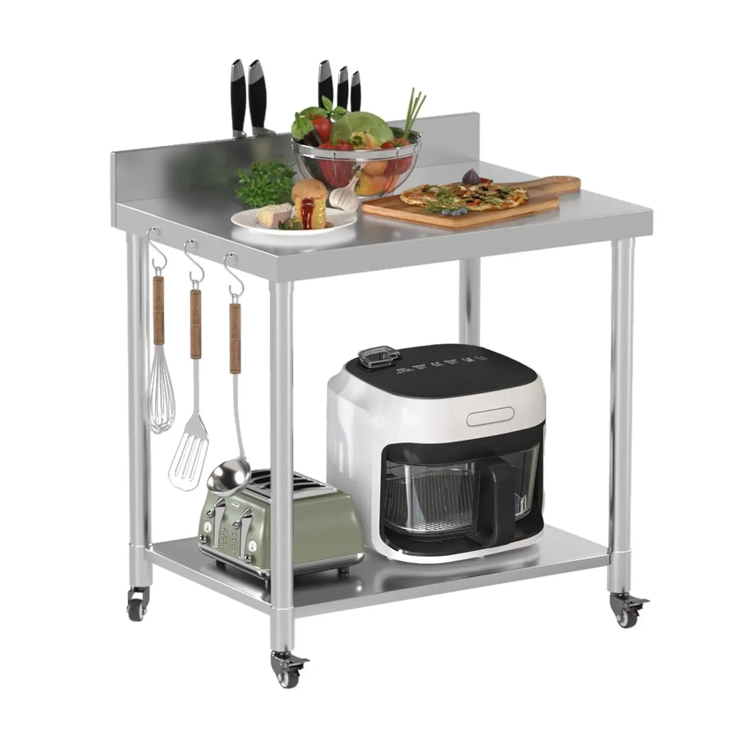 Stainless Steel Table with Wheels and Backsplash Heavy Duty Commercial Kitchen Food Prep and Work Utility Table Countertop Workbench for Restaurant, Hotel, Home,Restaurant,Garage,Outdoors