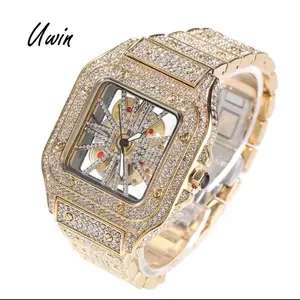UWIN Hiphop skeleton watch hollow out square Quartz wrist watch Daily waterproof clock for men & women