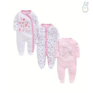 ERT-3pcs Baby's Cartoon Bunny & Floral Pattern Cotton Footed Bodysuit, Casual Comfy Long Sleeve Romper, Newborn Infant Girl's Clothing