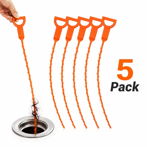 5-Pack Drain Snake Clog Remover - 20-inch Long Reach, Strong Material, Barbed Edges, Flexible Plastic Portable Tool for Bathroom Sink, Bathtub, Hair Removal Plumbing Cleaner