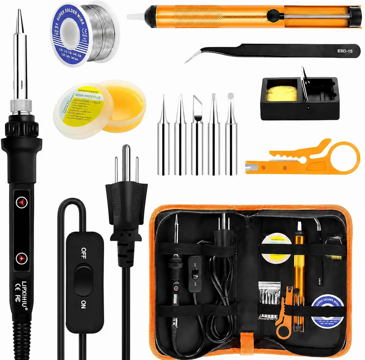 80W LCD Adjustable Temperature (180-520℃) Soldering Iron Kit, 13-in-1 Electronics Welding Repair Tool Set with ON/OFF Switch, Solder Wire, Flux, 5 Soldering Tips, Desoldering Pump, Stand, Tweezers