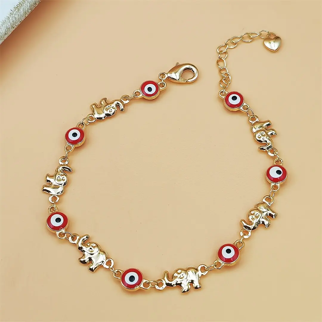 Women's Bohemian Elephant Charm Sporty Sports Wristband - Golden-Tone Chain, Red Eyes, Adjustable Clasp, Trendy Fashionable Accessories, Playful Detailed Craftsmanship, Mother's Day Gift 2, Bracelets