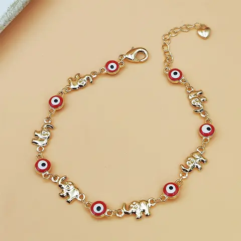 Women's Ethnic Sports Wristband - Casual Fashion Accessories, Metal Link Bracelet, Decor Bracelet with Adjustable Clasp Gold Chain, Bohemian Red-Eye Elephant Charm Jewelry for Everyday Outfits