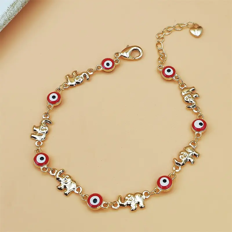 Women's Ethnic Sports Wristband - Casual Fashion Accessories, Metal Link Bracelet, Decor Bracelet with Adjustable Clasp Gold Chain, Bohemian Red-Eye Elephant Charm Jewelry for Everyday Outfits
