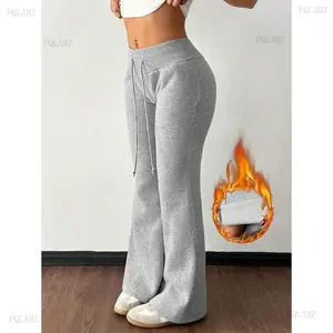 2025 casual low waisted drawstring waist elastic sports pants flared pants sports pants hot lined composite velvet, suitable for autumn and winter wear