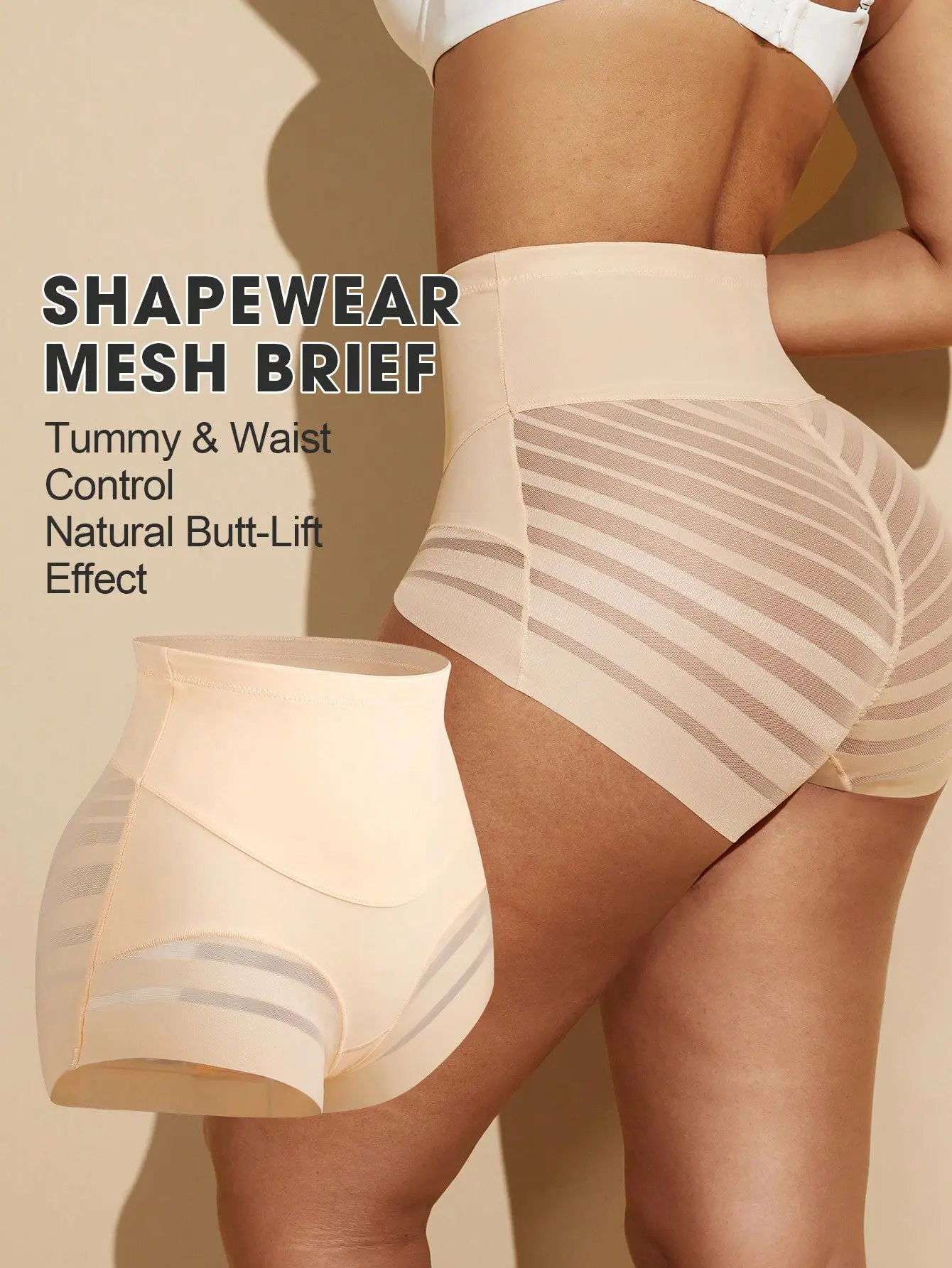 SHAPEGUY High Waist Shaping Striped Mesh Abdomen Control Flat Belly Shapewear Shorts Tummy Control Body Shaper Seamless Panties
