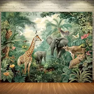 Tropical Jungle Safari Animals Backdrop - Vibrant Polyester Wall Decor Featuring Giraffes, Elephants, Zebras & More - Ideal for Home, Party & Event Decoration - No Electricity Required, Jungle Theme Decorations