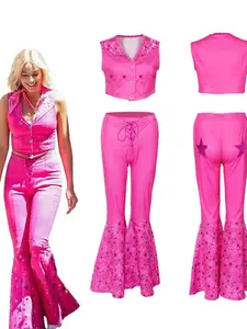Women's Barbie Movie Inspired 70s 80s Pink Disco Outfit Hippie Retro Costume Two-Piece Set with Shiny Sequin Vest Top and Bell Bottom Pants Iconic Sparkling Pink Cosplay for Halloween Party Stage Performance